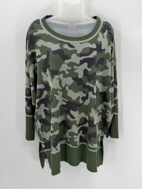 New Directions Sweater Womens 2X Green Camo Knit Relaxed Pullover Casual Top NWT